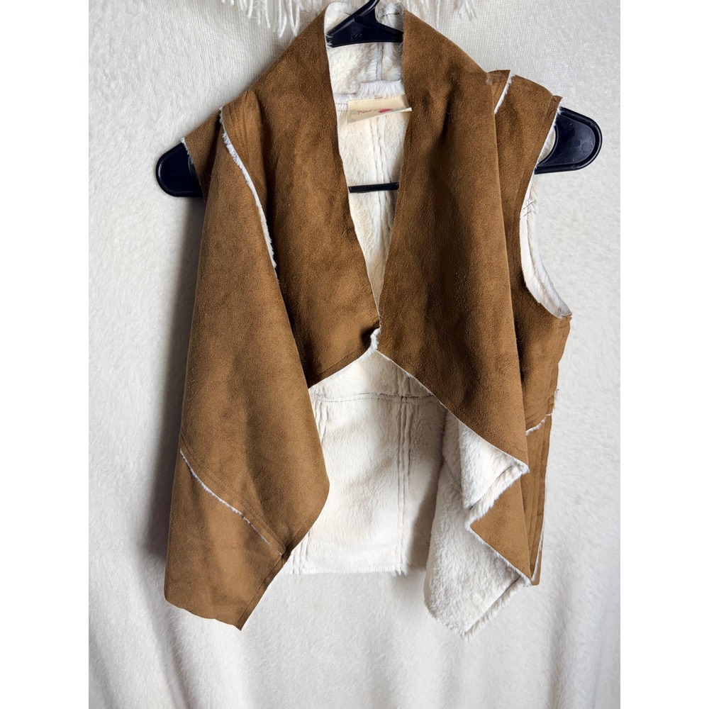 Red Camel Girls Faux Suede Shearling Draped Open Front Vest Tan Brown Large